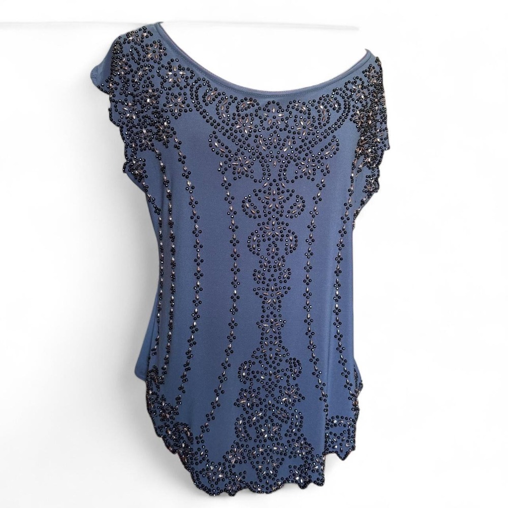 Dressbarn Blue Flutter Sleeve Top With Beaded Front Size Large